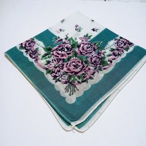 Vintage Pink & Purple Rose Handkerchief Teal Trim Cottagecore Hankie (lbba)